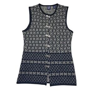 VTG Gap Sweater Vest Women's Medium Gray 100% Wool Fair Isle Metal Clasps 90s